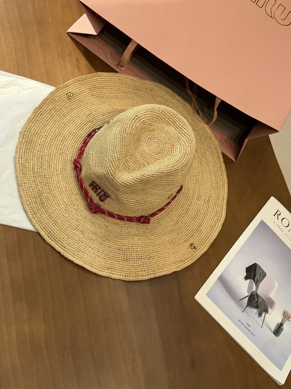 Miu Miu Raffia Wide-Brim Hat Red Rope Accent Natural